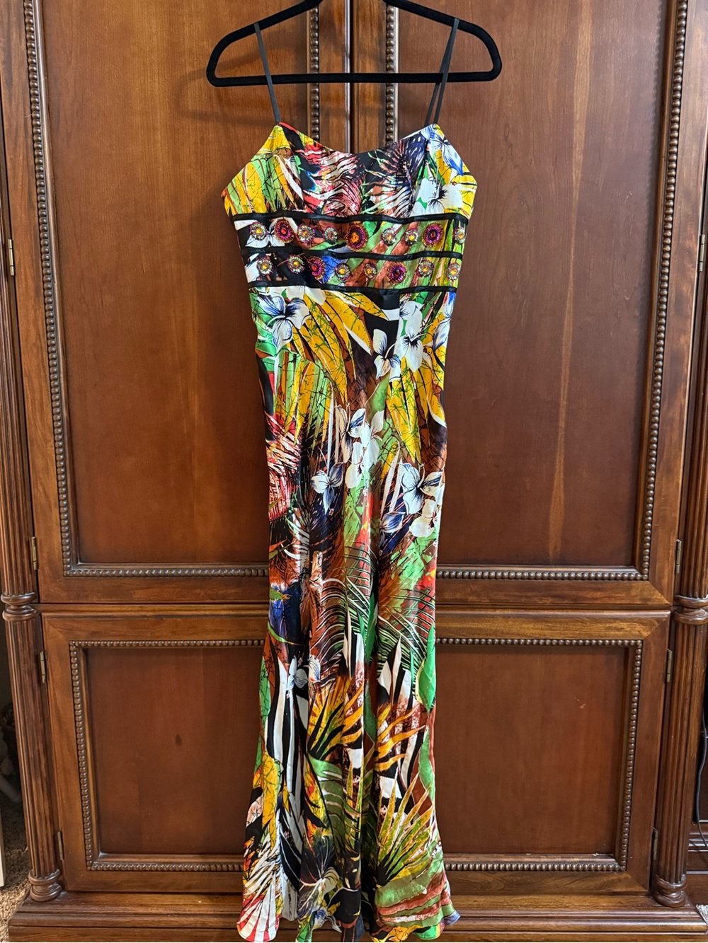 Tropical Silk Print Spaghetti Strap Evening gown- Multicolor